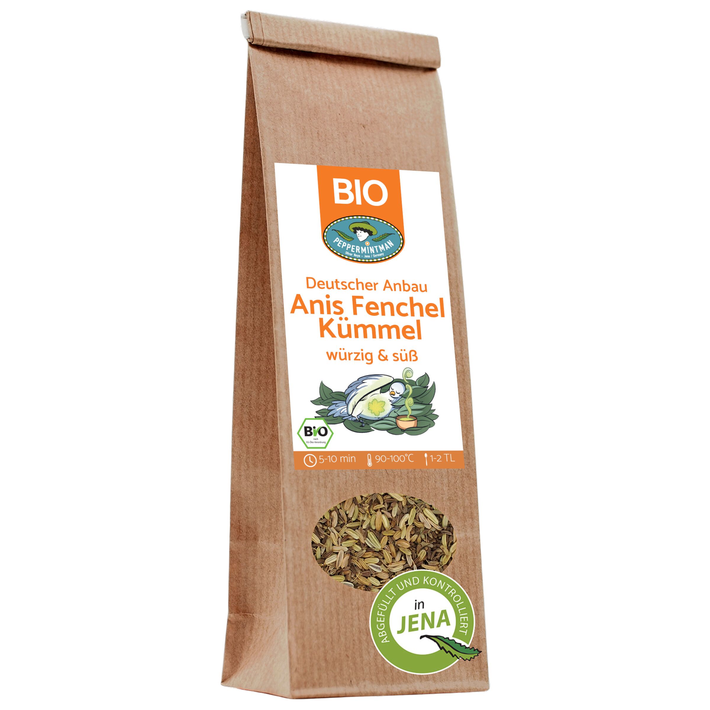 Braune Papiertüte mit Aufdruck. Etikett mit "BIO" und Produktnamen. Sichtfenster mit Kräutern. Text: "Anis Fenchel Kümmel".