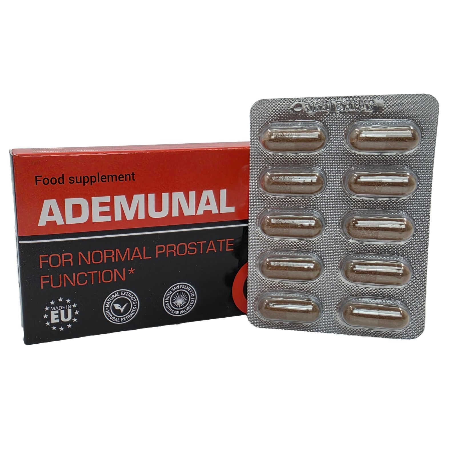 Schachtel und Blisterpackung mit Kapseln. Aufschrift: ADEMUNAL, FOR NORMAL PROSTATE FUNCTION. Blister enthält 10 Kapseln.