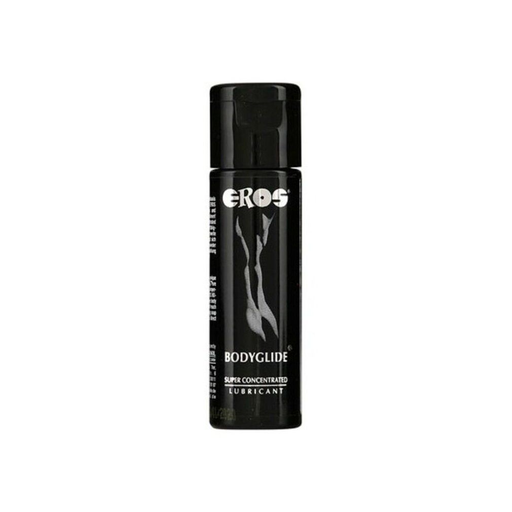 Schwarze Flasche mit schwarzem Deckel. Aufschrift: EROS, BODYGLIDE, SUPER CONCENTRATED LUBRICANT. Abbildung einer Frau.