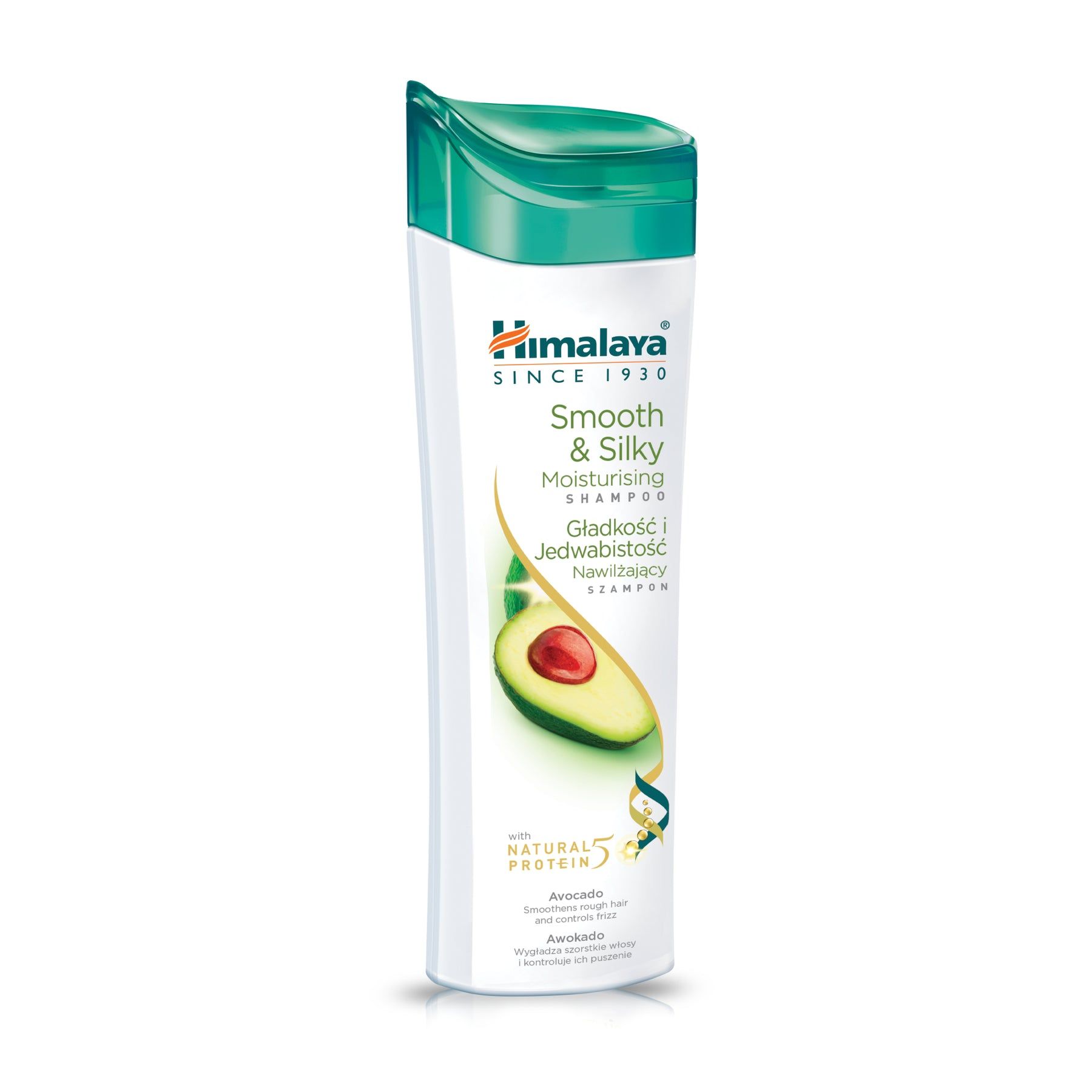 Weisse Shampoo-Flasche mit grünem Deckel. Aufschrift Himalaya, Smooth & Silky, Avocado-Abbildung.