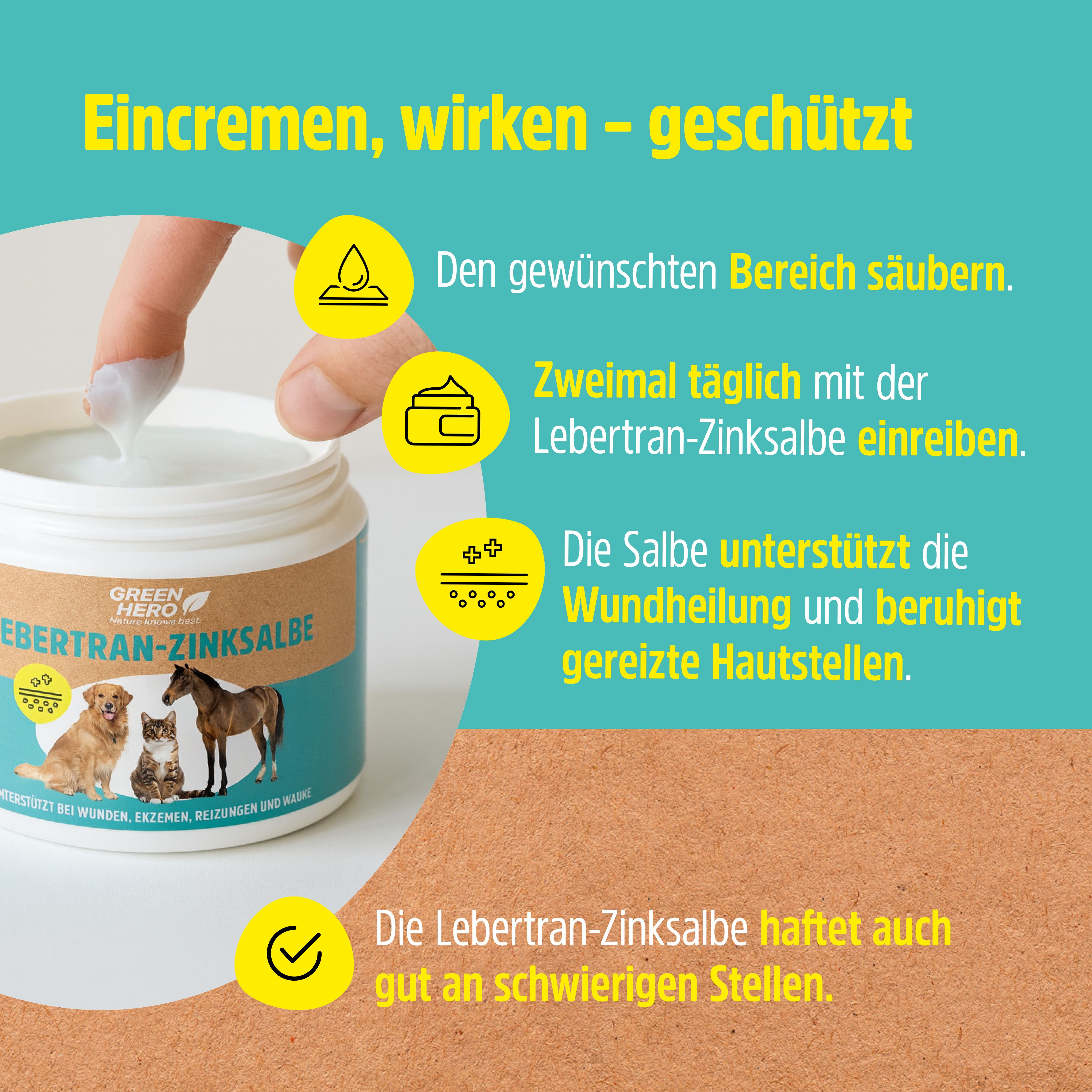 Hand mit Salbe auf Haut. GreenHero Lebertran-Zinksalbe. Text: Eincremen, wirken - geschützt. Produktabbildung.