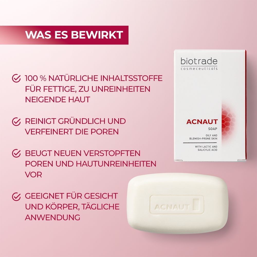 Seife und Verpackung. Text: Biotrade, Acnaut Soap. Eigenschaften: 100% natürliche Inhaltsstoffe, reinigt, verfeinert Poren, beugt Unreinheiten vor.