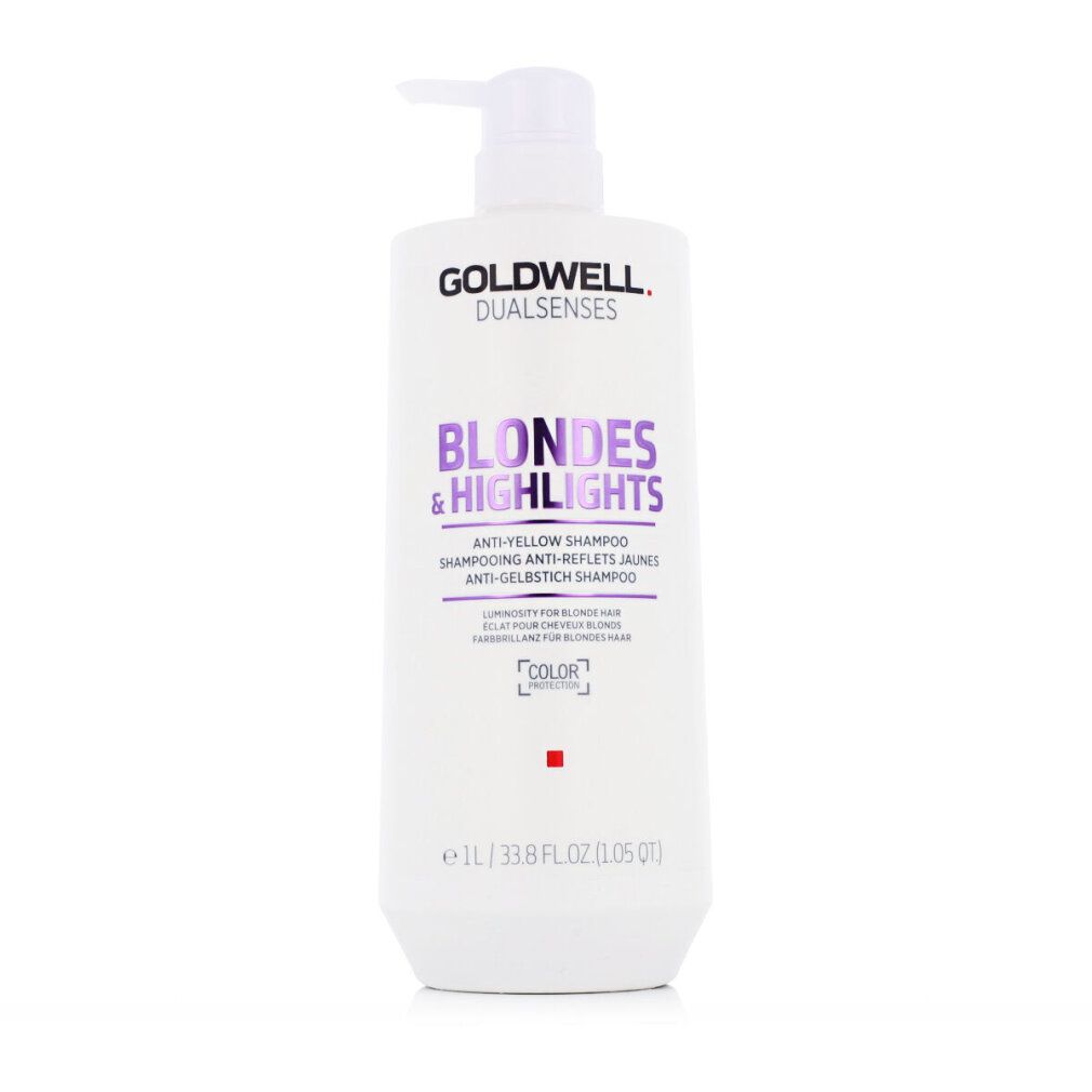 Weißer Goldwell Shampoo-Behälter mit Pumpe. Aufschrift: Blondes & Highlights, Anti-Gelbstich Shampoo. 1L.