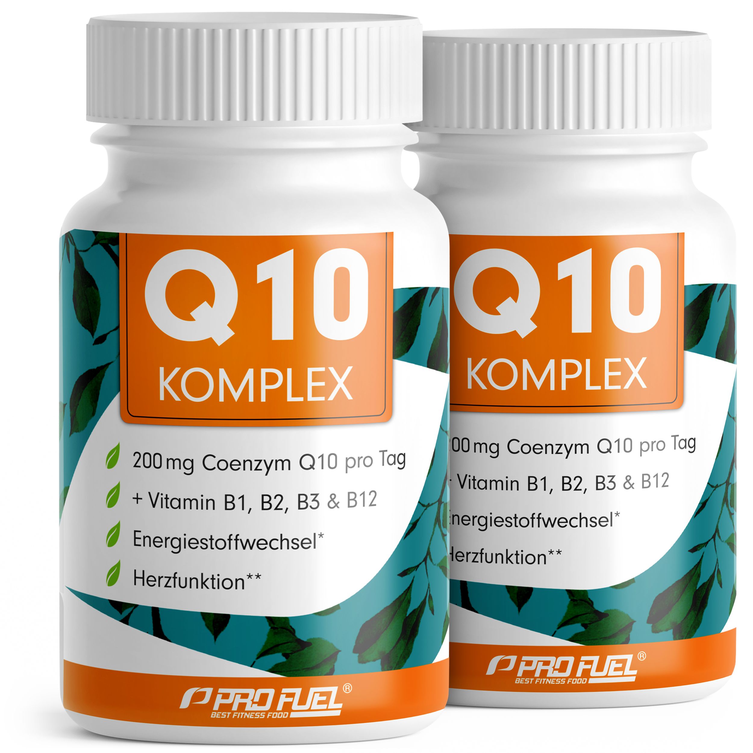 Zwei weiße Flaschen mit orangefarbenem Etikett. Aufschrift: Q10 KOMPLEX, 200mg Coenzym Q10, Vitamin B12. Marke: PRO FUEL.