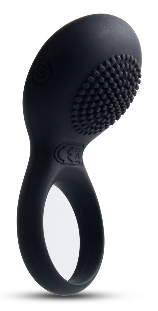 Schwarzer Vibrationsring. Oberteil mit Noppen und Logo. Ringförmiger Schaft. CE-Kennzeichnung.