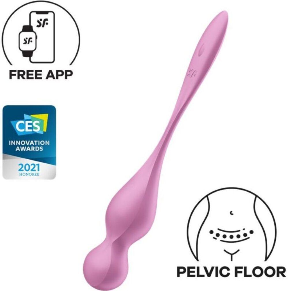 Rosa Vibrationskugel. Form: länglich mit zwei Kugeln. Merkmale: Bluetooth, App-Anbindung. Auszeichnung: CES Innovation Awards 2021.