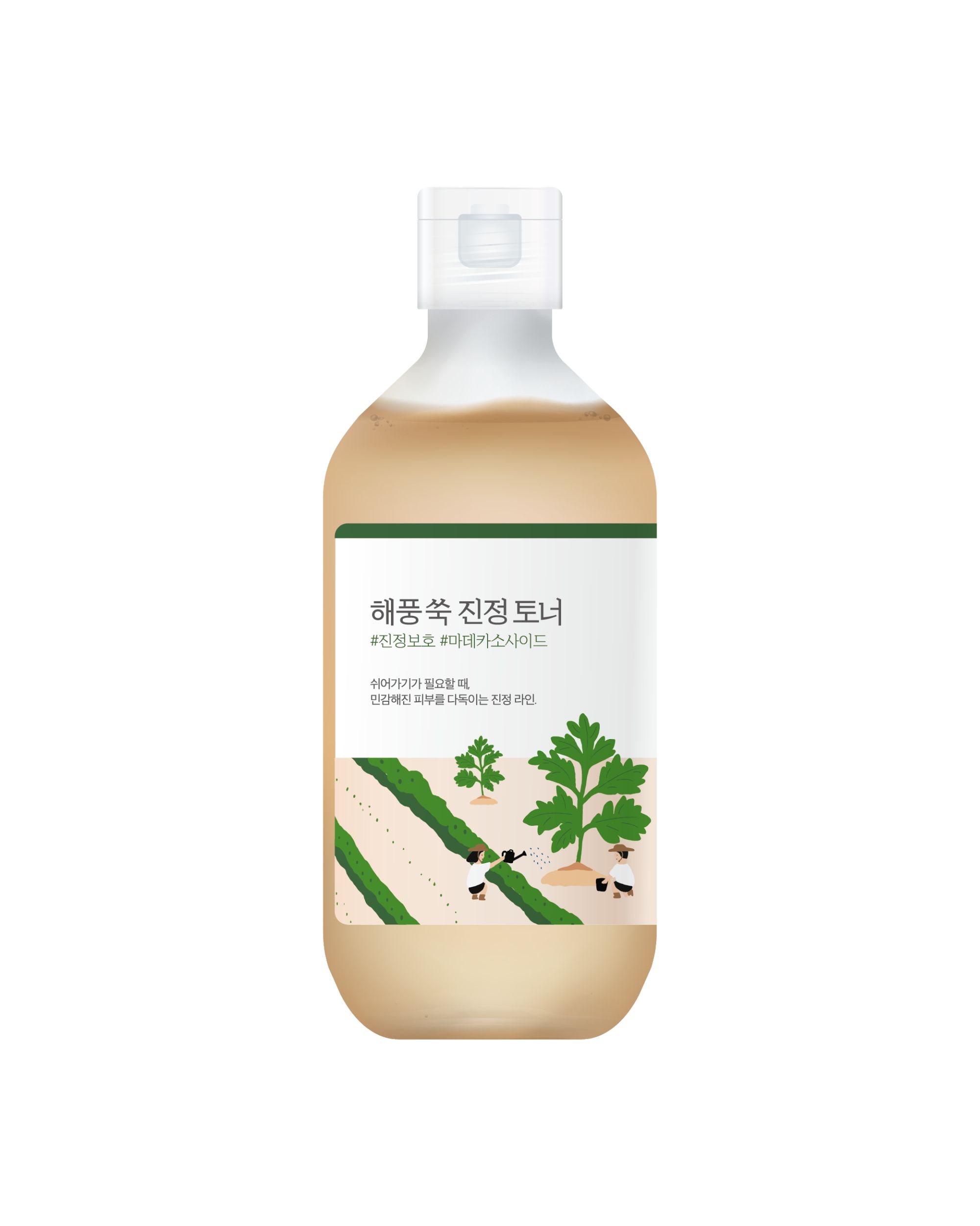 Klarflüssiges Produkt in einer Flasche mit weißem Etikett. Auf dem Etikett sind Schriftzeichen und eine grüne Illustration zu sehen.