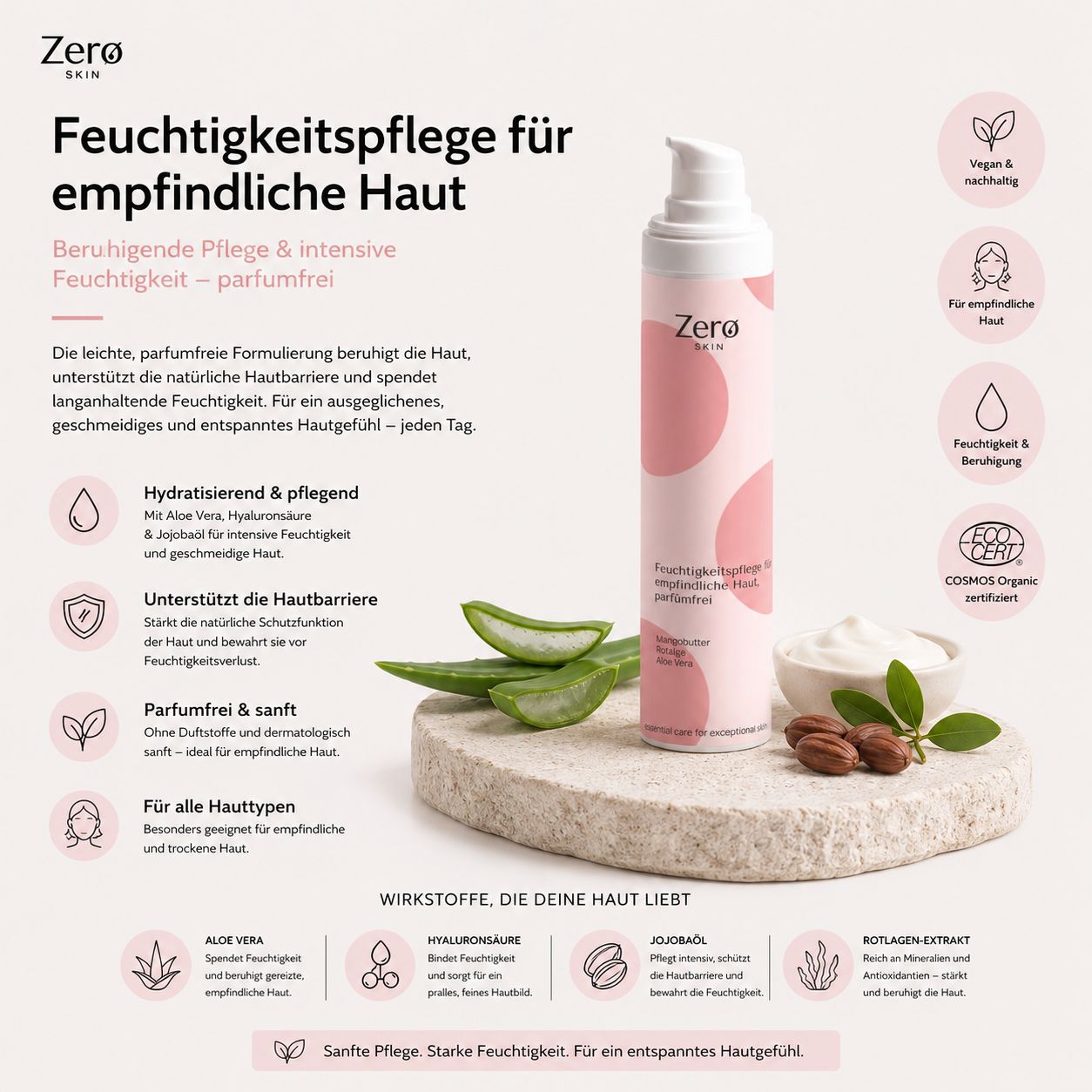 Zero Skin Feuchtigkeitspflege für empfindliche Haut, parfümfrei, in einem Pumpspender.
