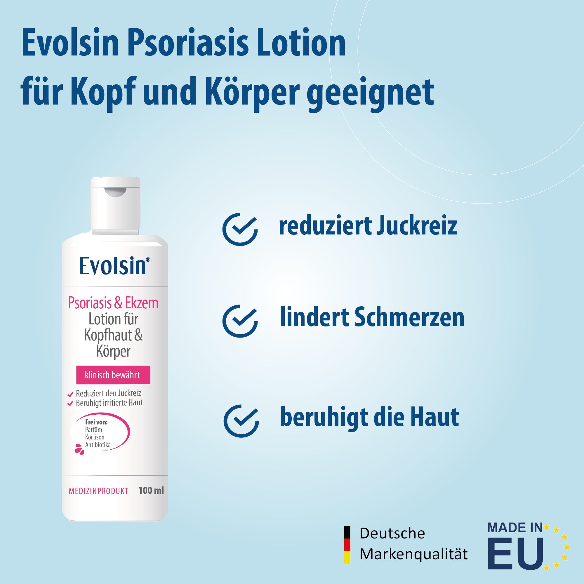 Weiße Flasche mit Lotion, Produktname und Text. Text: Reduziert Juckreiz, lindert Schmerzen, beruhigt die Haut. Made in EU.