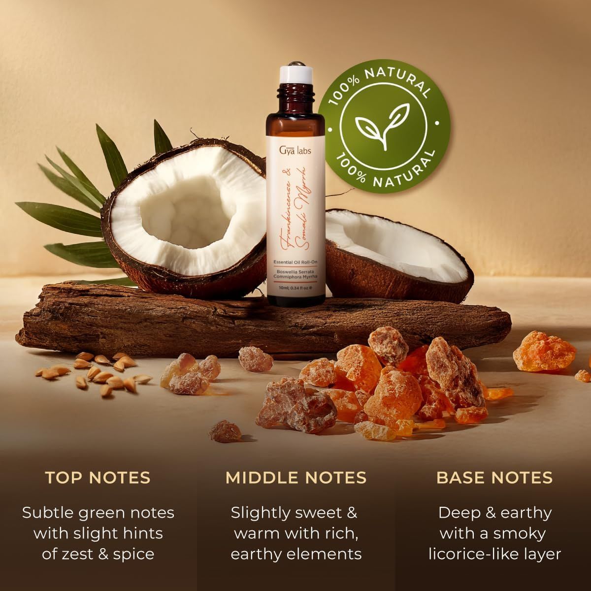 Produkt mit Kokosnuss, Holz und Harz. Text: 100% natürlich. Noten: Grün, süß, erdig. Gya Labs Weihrauch & Somali-Myrrhe Ätherisches Öl Roll-On.