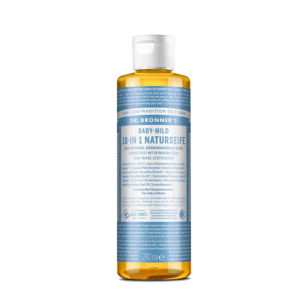 Dr. Bronner's Baby-Mild Naturseife. Flasche mit weißem Deckel. Blaue und weiße Etikettierung mit Produktinformationen und Zertifizierungen.