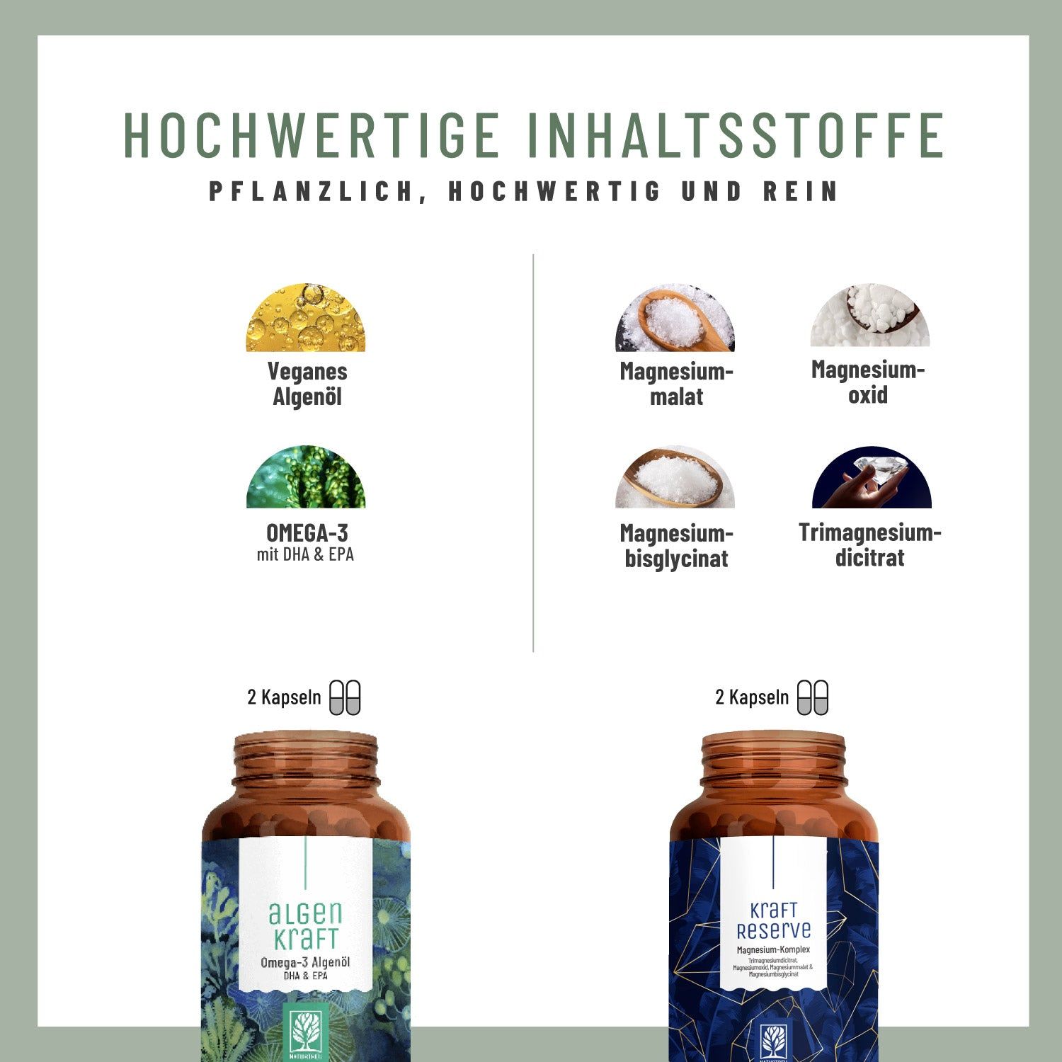 Grafik mit Zutaten: Veganes Algenöl, Magnesiummalat, Magnesiumoxid, Magnesiumbisglycinat, Trimagnesiumdicitrat. Zwei Flaschen "ALGENKRAFT" und "KRAFT RESERVE".