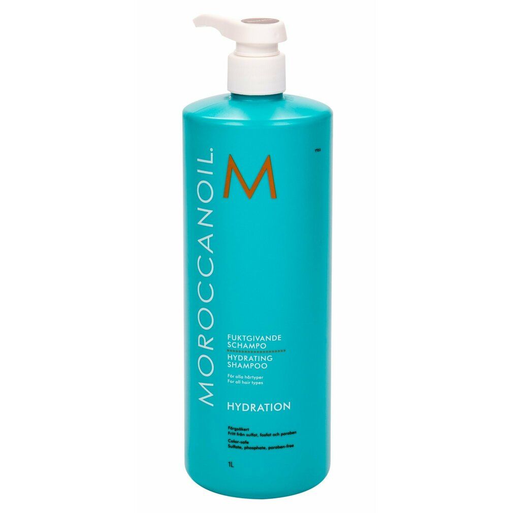 Türkisgrüne Flasche mit weißem Pumpkopf. Aufschrift: Moroccanoil, Hydrating Shampoo. Orangefarbenes Logo.
