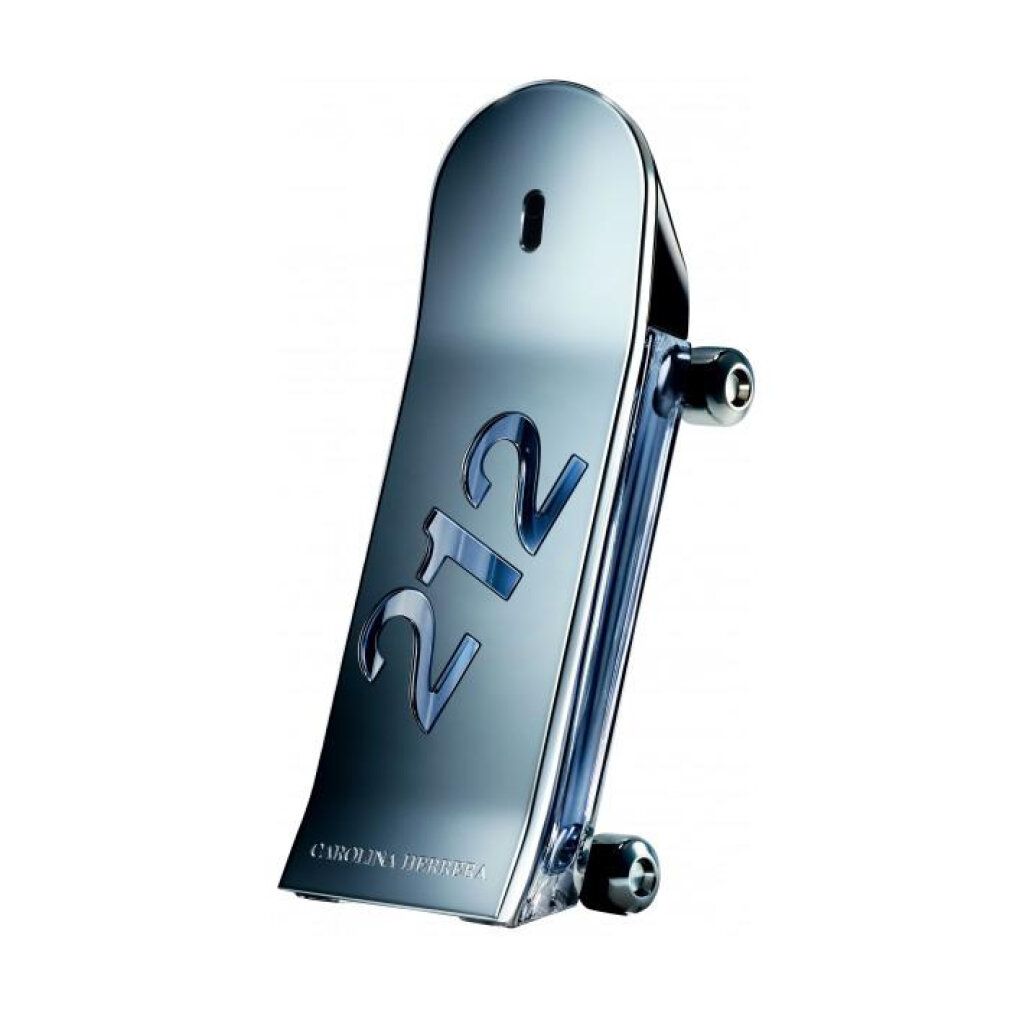Silberfarbener Flakon in Skateboard-Form. Geprägt: "212". Schriftzug: "Carolina Herrera".