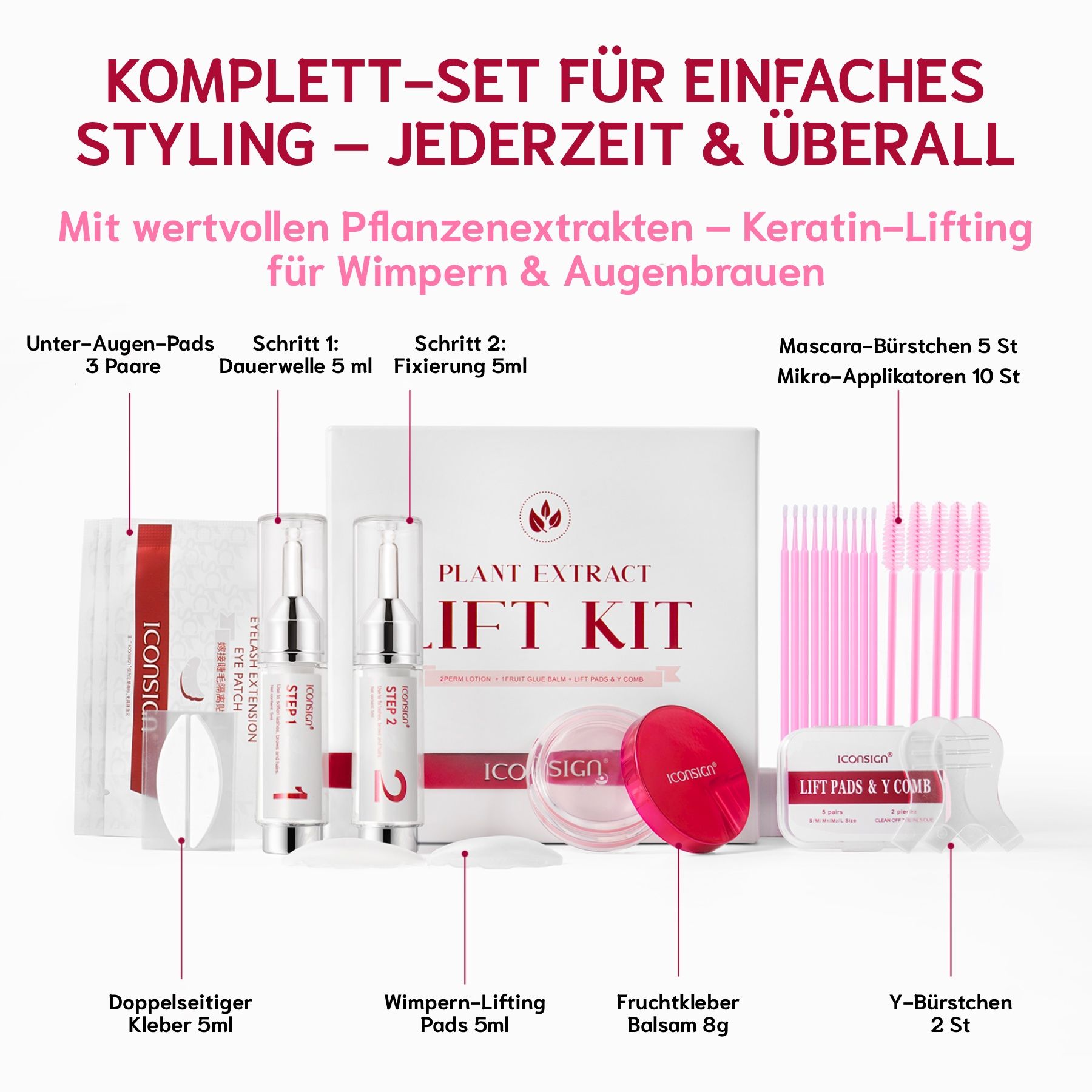 Komplettes Set zur Wimpern- und Augenbrauenlaminierung. Enthält Flaschen, Pads, Bürsten und Zubehör. Marke: Iconsign.