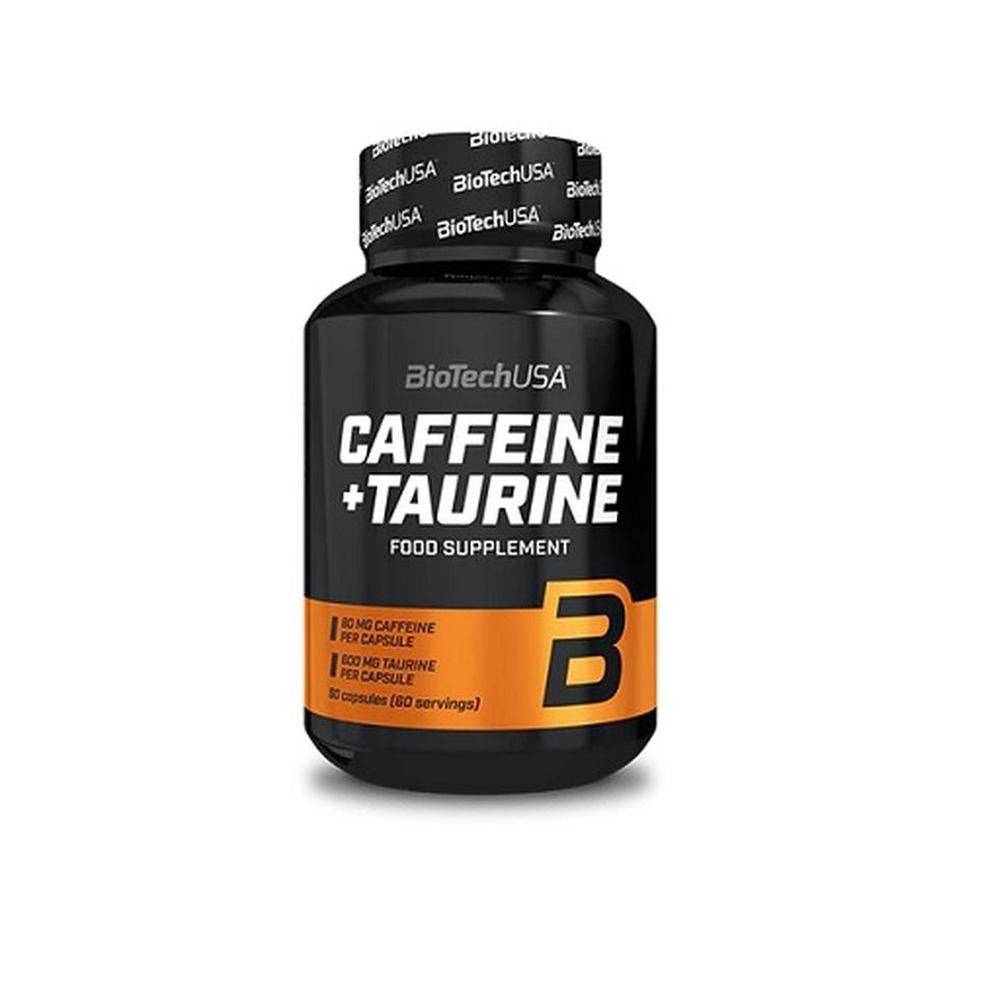 Schwarze Flasche mit Kapseln. Aufschrift: Caffeine + Taurine, Food Supplement. Orangefarbene Akzente mit Inhaltsangaben und Logo.