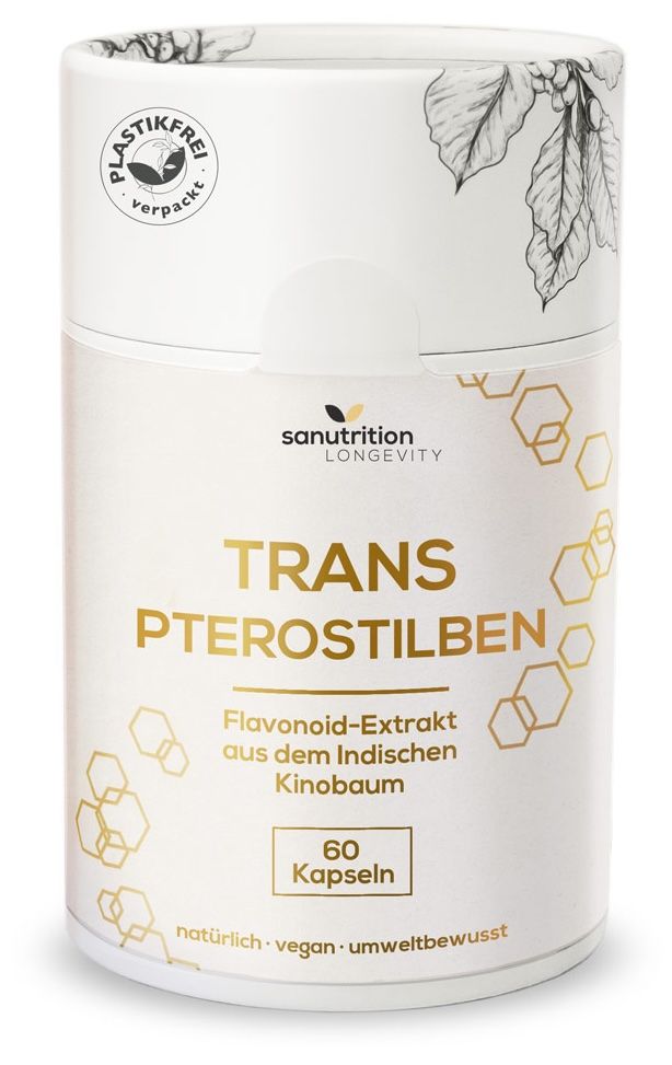 Zylinderförmige Dose mit goldfarbenem Etikett. Aufschrift: TRANS PTEROSTILBEN, 60 Kapseln. Logo: sanutrition LONGEVITY.