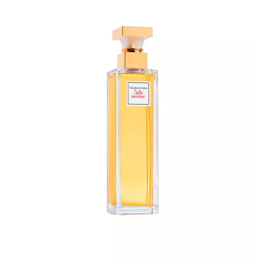 Rechteckiger Flakon mit goldfarbenem Verschluss. Aufkleber mit Schriftzug 5th avenue. Flüssigkeit gelb.