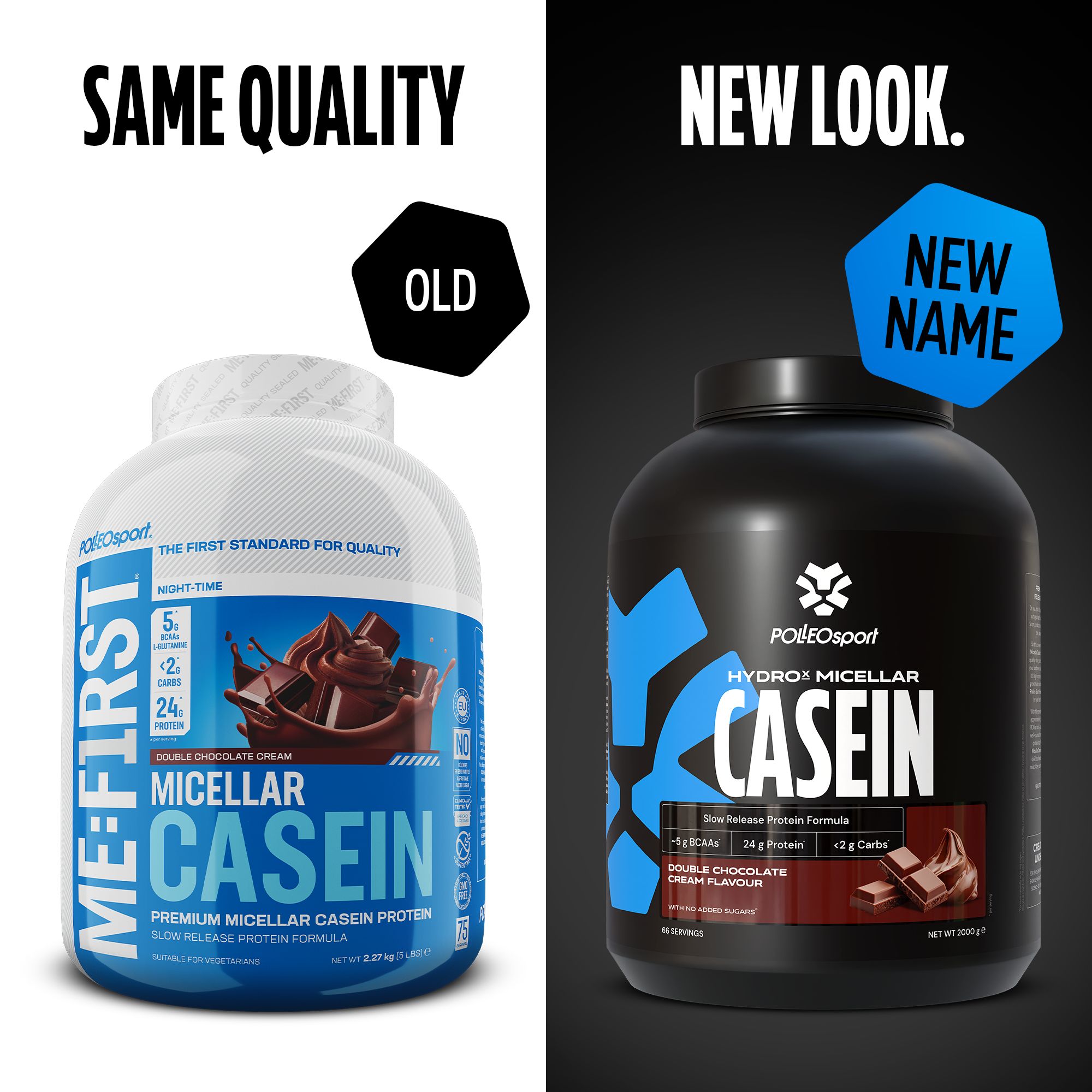 Vergleich: Dose ME:FIRST Micellar Casein (alt) und Dose HYDROX Micellar Casein (neu). Beide mit Text und Produktabbildungen.