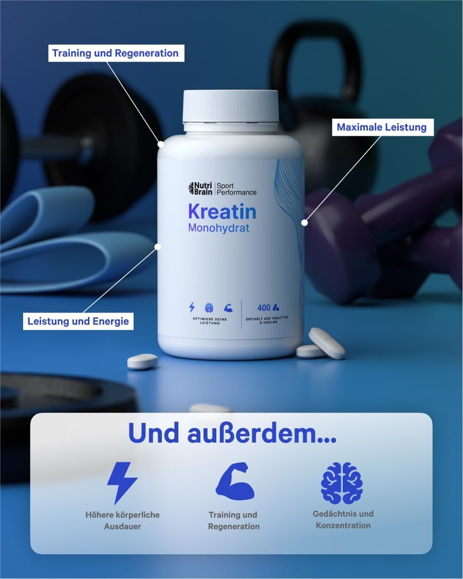 Flasche Kreatin-Monohydrat-Tabletten mit Fitnessgeräten und Hinweisen.