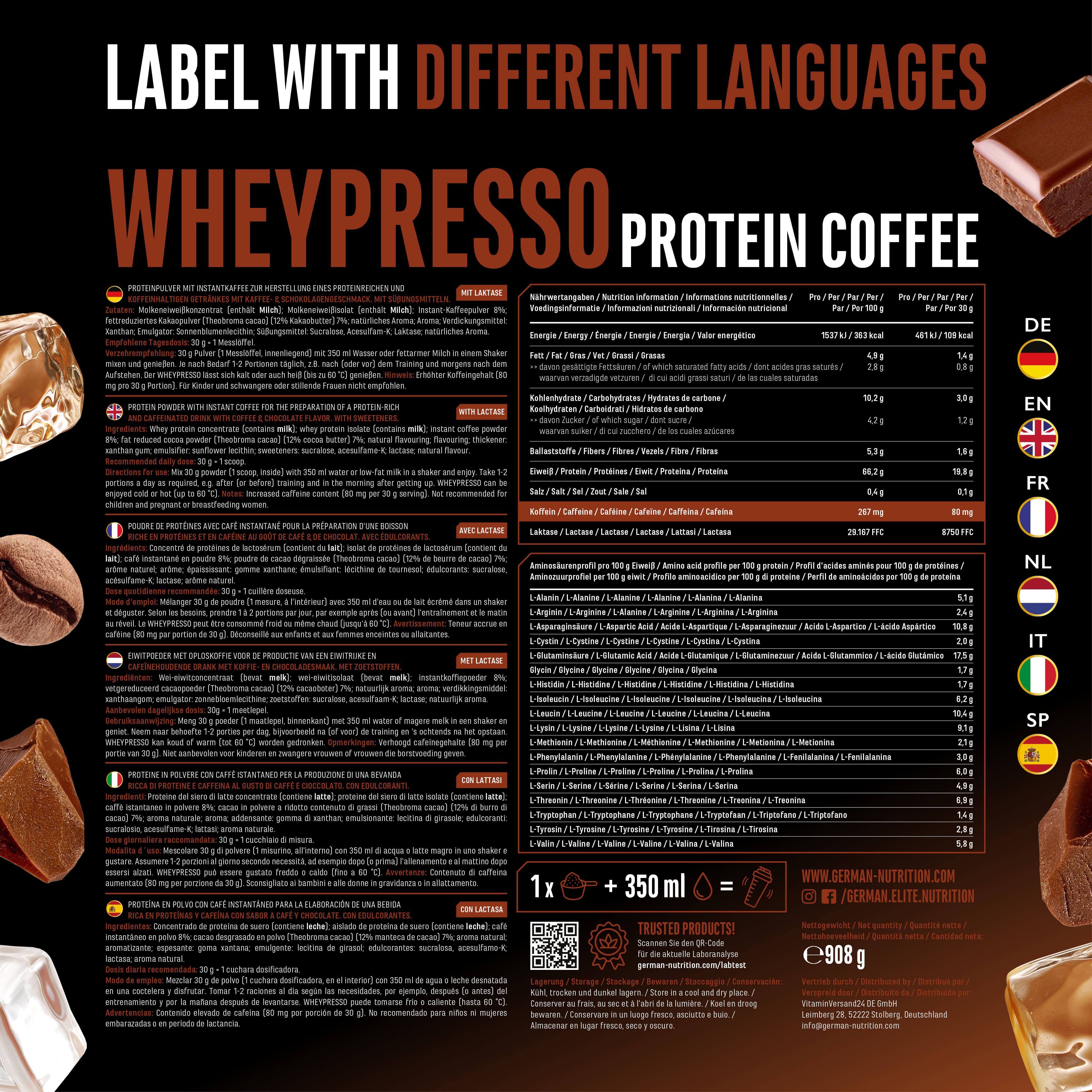 Rückseite der Wheypresso Protein Kaffee Verpackung. Enthält Informationen in verschiedenen Sprachen, Nährwertangaben und Zubereitungshinweise.