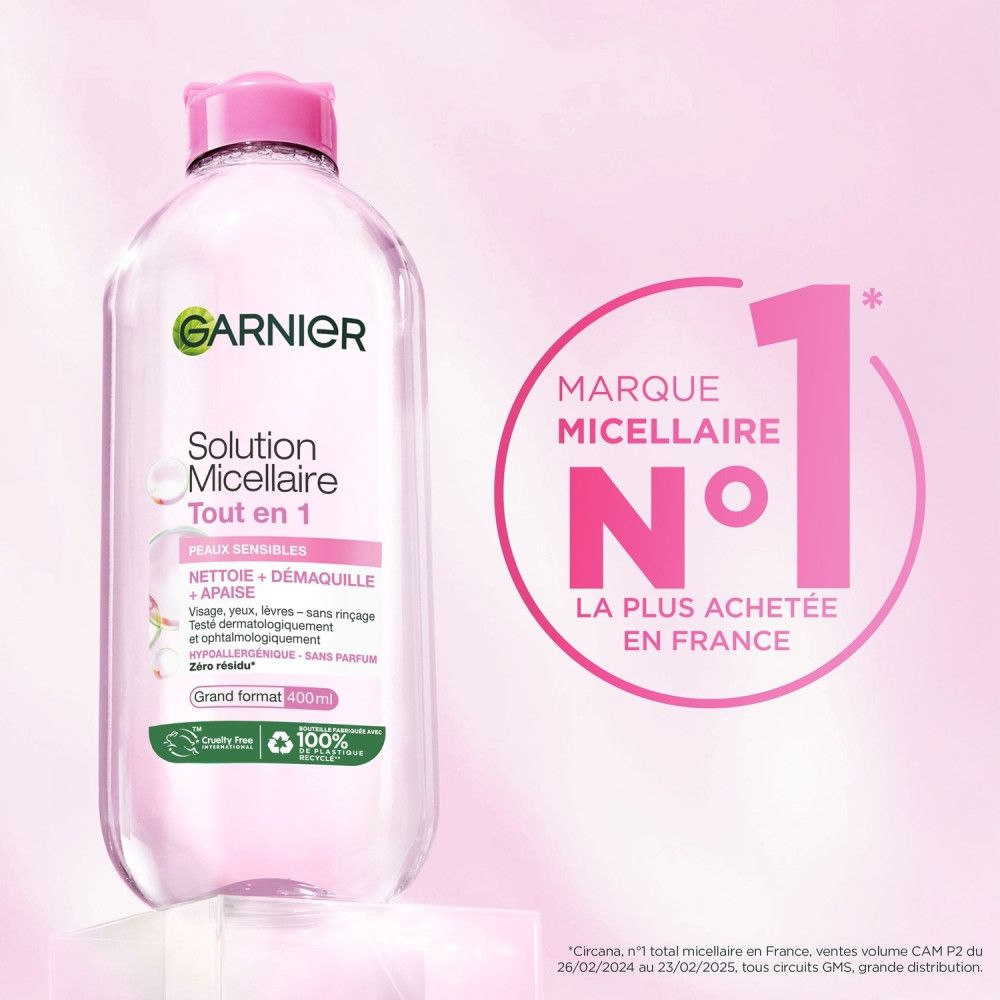 Garnier Mizellen-Lösung, Flasche mit rosa Deckel. Aufschrift: Solution Micellaire, Tout en 1, für sensible Haut. Nr. 1 in Frankreich.