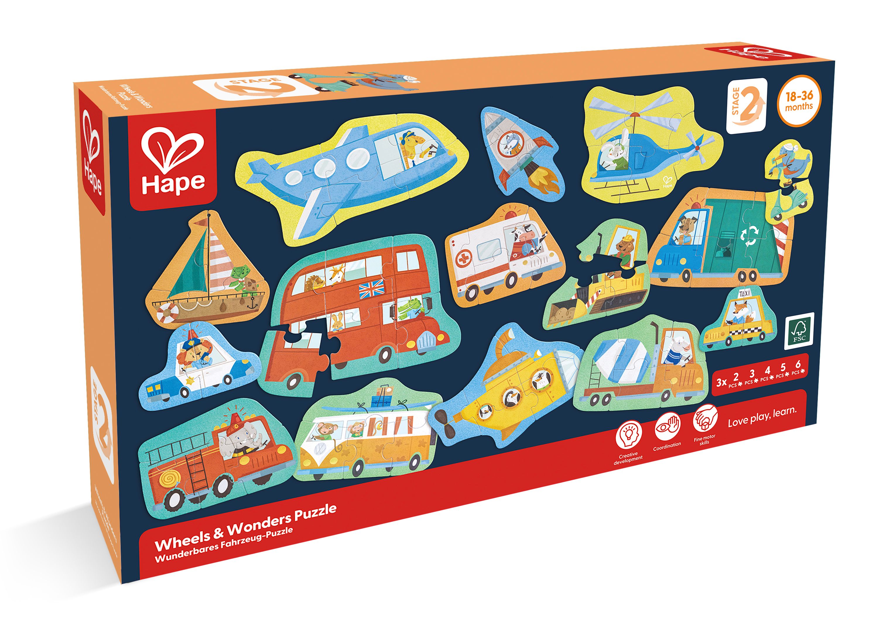Hape Puzzle mit Fahrzeugen. Karton zeigt Puzzleteile: Flugzeug, Rakete, Hubschrauber, Segelboot, Bus, Krankenwagen, Bagger, Müllwagen.