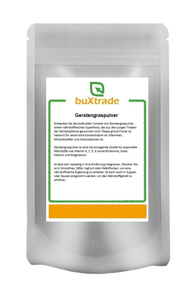 Beutel mit buXtrade Gerstengras Pulver. Etikett mit Produktinformationen und Logo. Grün umrandet.