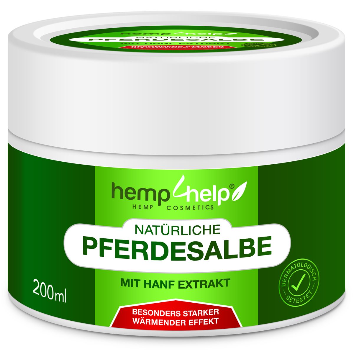 Weißes Tiegel mit grünem Etikett. Text: NATÜRLICHE PFERDESALBE, MIT HANF EXTRAKT, 200ml. Logo: hemp4help.