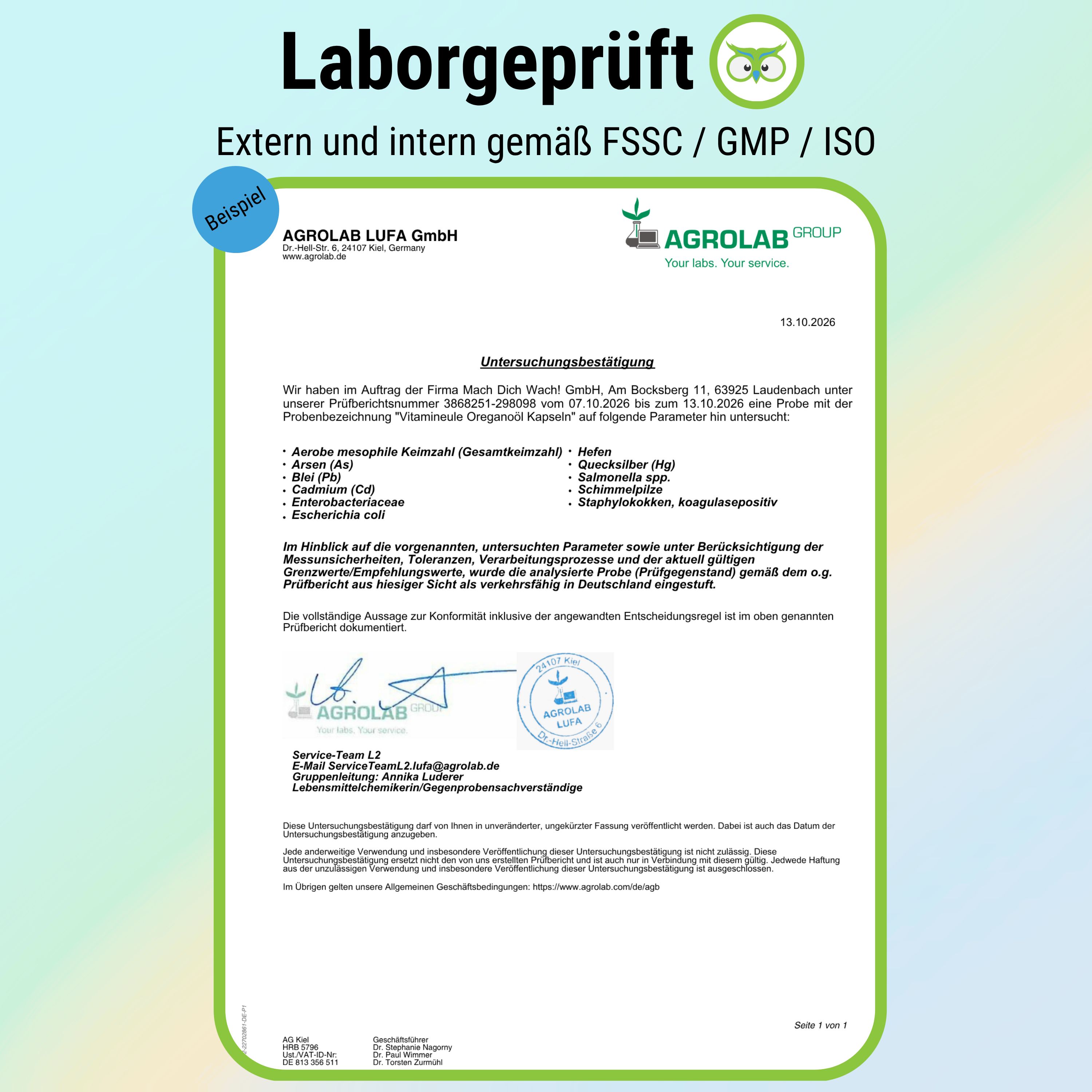 Laborbericht mit Prüfzertifikat für ein Produkt, mit Siegeln und Logos.