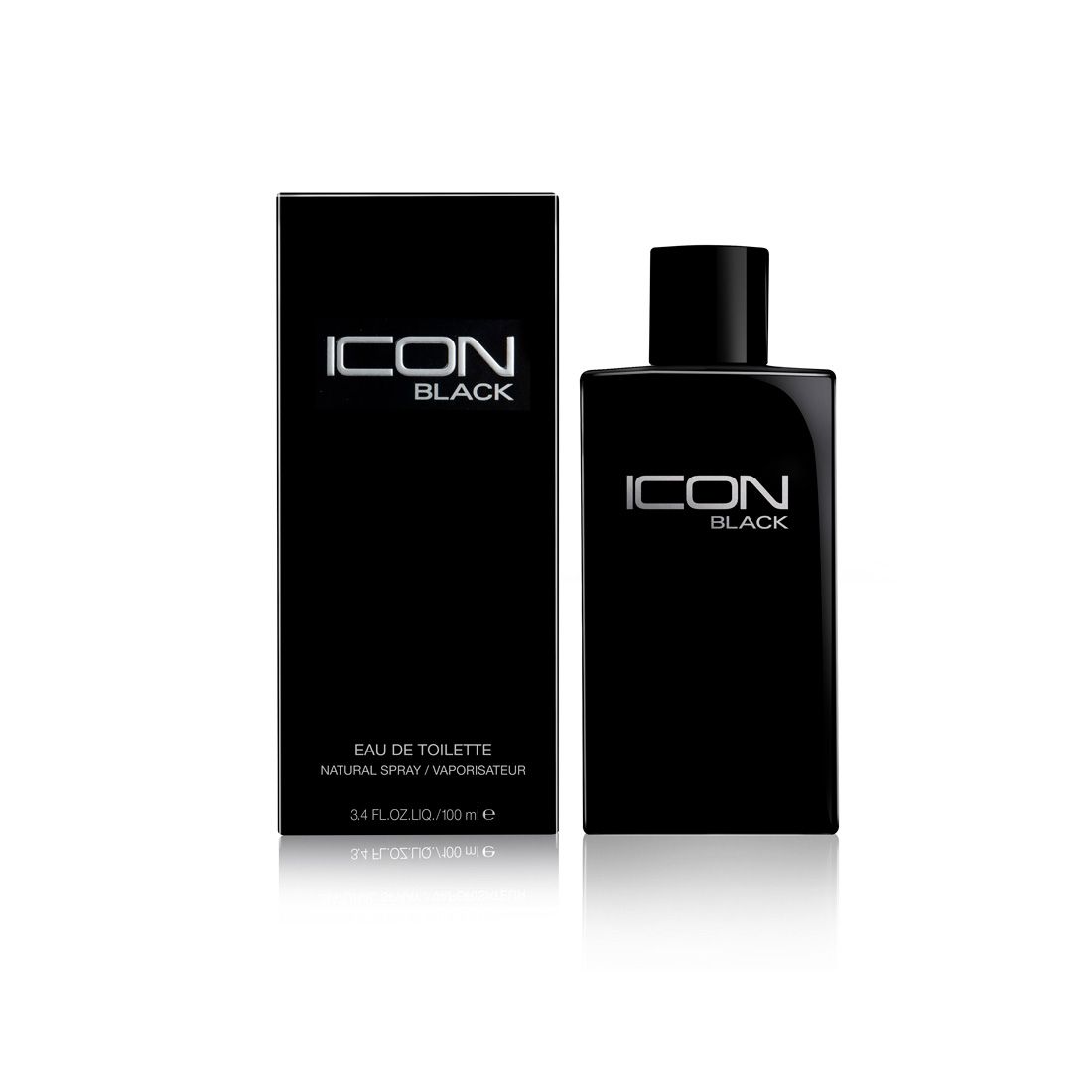 Schwarzer Flakon und Verpackung mit "ICON BLACK"-Logo. "EAU DE TOILETTE" und Volumenangabe.