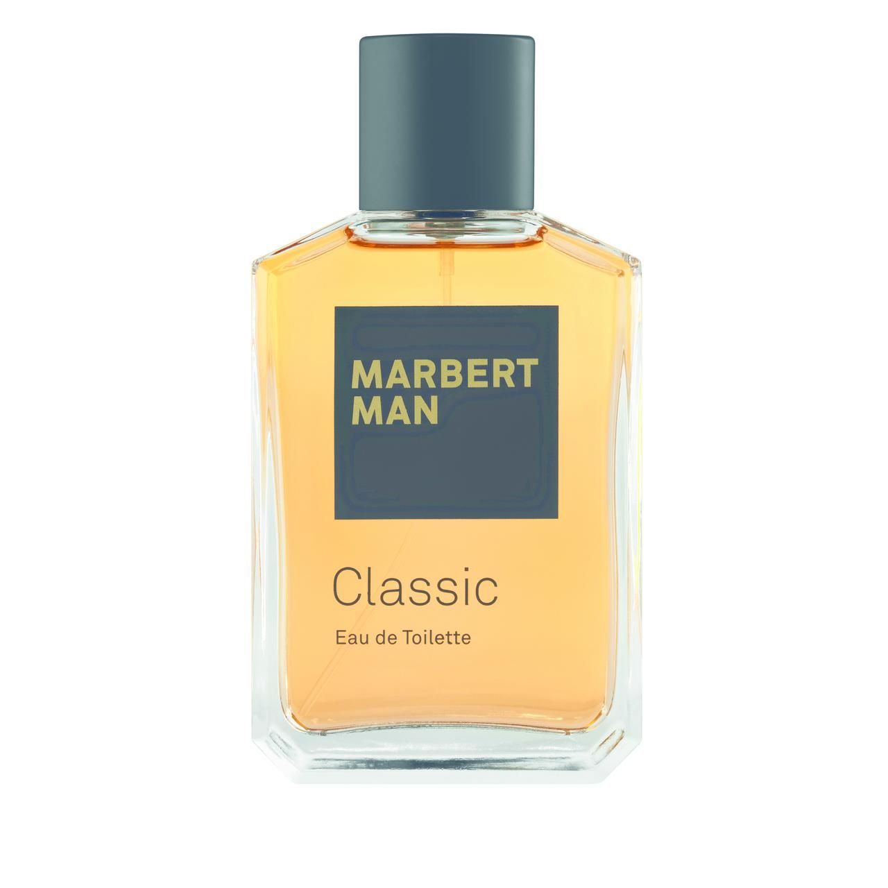 Flakon von Eau de Toilette. Aufschrift: MARBERT MAN Classic. Eckige Form, grauer Verschluss.