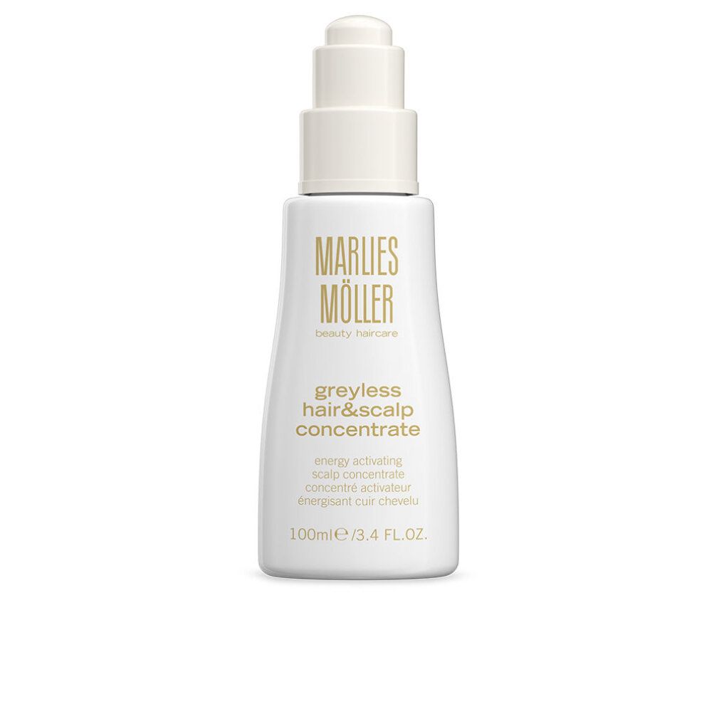 Weißes Fläschchen mit Pumpe. Aufschrift: Marlies Müller, Greyless Hair & Scalp Concentrate. Text in Englisch und Französisch. 100ml/3.4 FL.OZ.