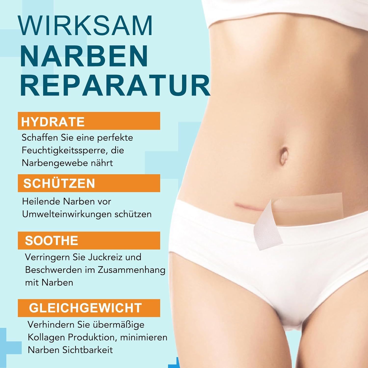 Haut mit Narbenpflaster. Text: Hydrate, Schützen, Soothe, Gleichgewicht. Narbenreparatur.