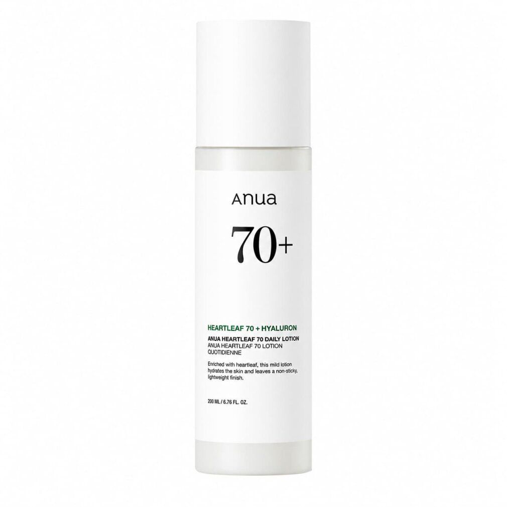 Anua 70+ Heartleaf Hyaluron Lotion: Weiße Flasche mit schwarzer Schrift. Enthält 200 ml.