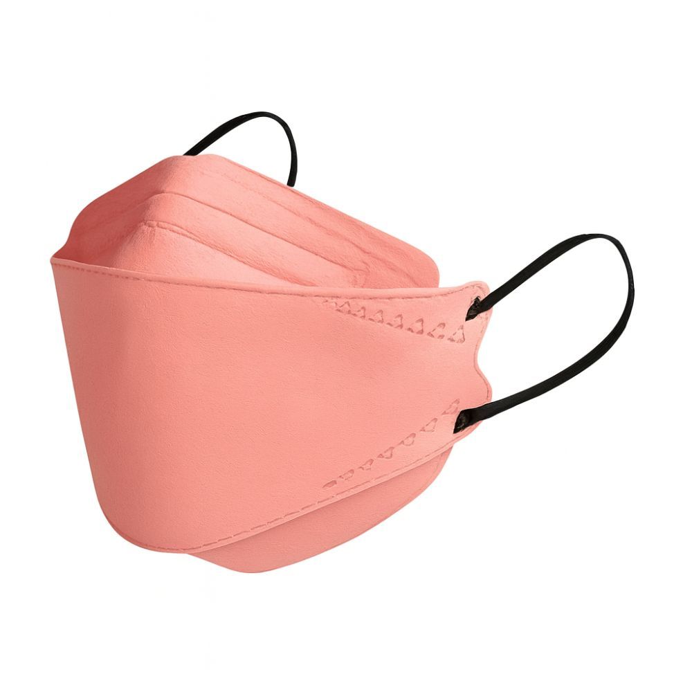 Kirschrosa Gesichtsmaske, gefaltet, mit schwarzen Ohrschlaufen. Mehrere Lagen, seitliche Nähte.