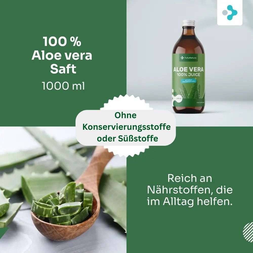 Braune Glasflasche mit grünem Etikett. Aufschrift: Aloe Vera 100% Juice, ohne Konservierungsstoffe. Weißer Deckel. Aloe Vera Blätter.