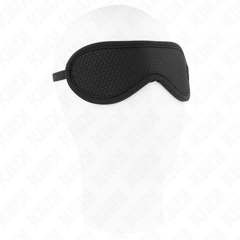 Schwarze Augenbinde auf einem weißen Kopf. Strukturierte Oberfläche, schwarzer Rand, mit Band.