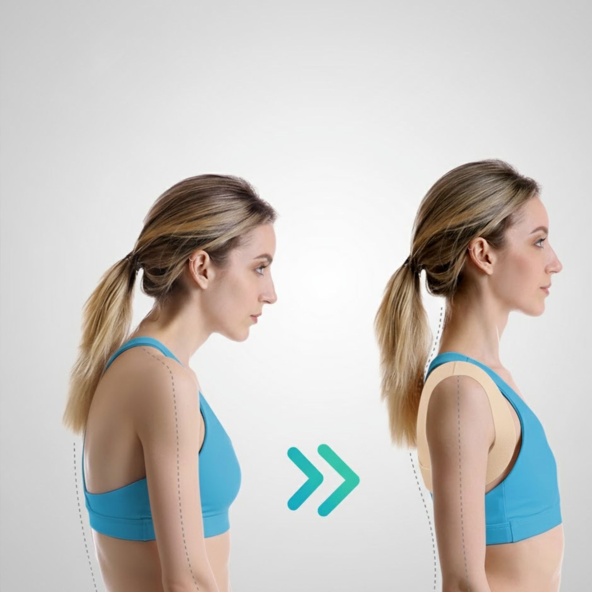 Vergleich: Schlechte und korrekte Haltung. Frau. Haltungskorrektor. Beige. Pfeil.