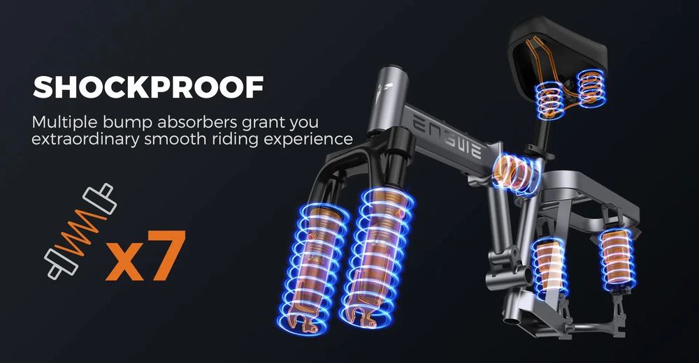 E-Bike-Federung. Mehrere Stoßdämpfer. Text: SHOCKPROOF. ENGWE-Logo. Orangefarbene Federn.