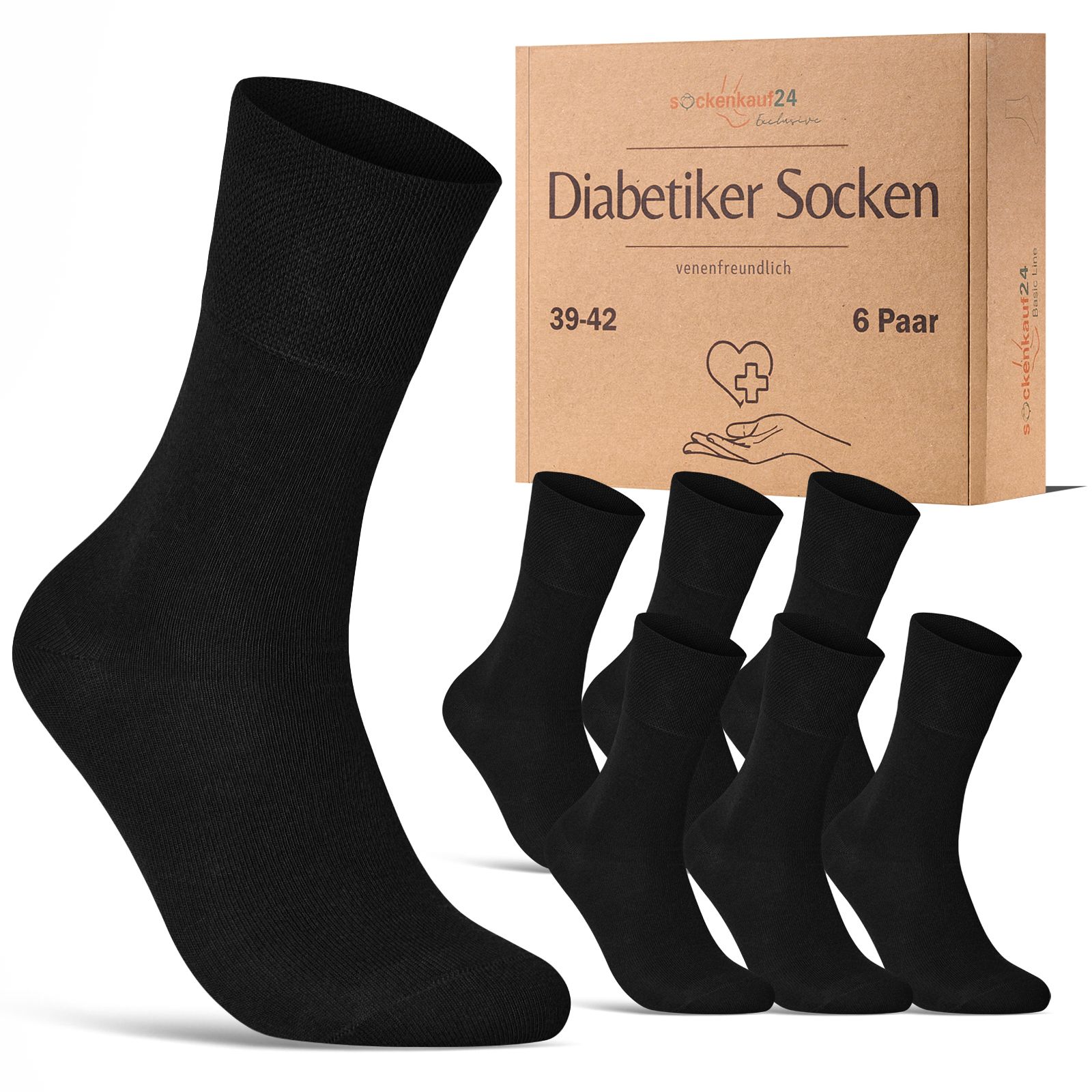 Schwarze Socken und Verpackung. Aufdruck: Diabetiker Socken, 39-42, 6 Paar.