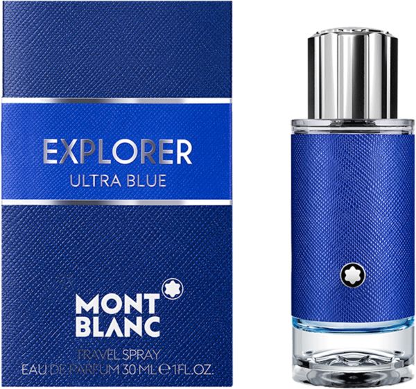 Blaues Parfümflakon und Verpackung. Aufschrift: EXPLORER ULTRA BLUE, MONTBLANC. Reise-Spray.