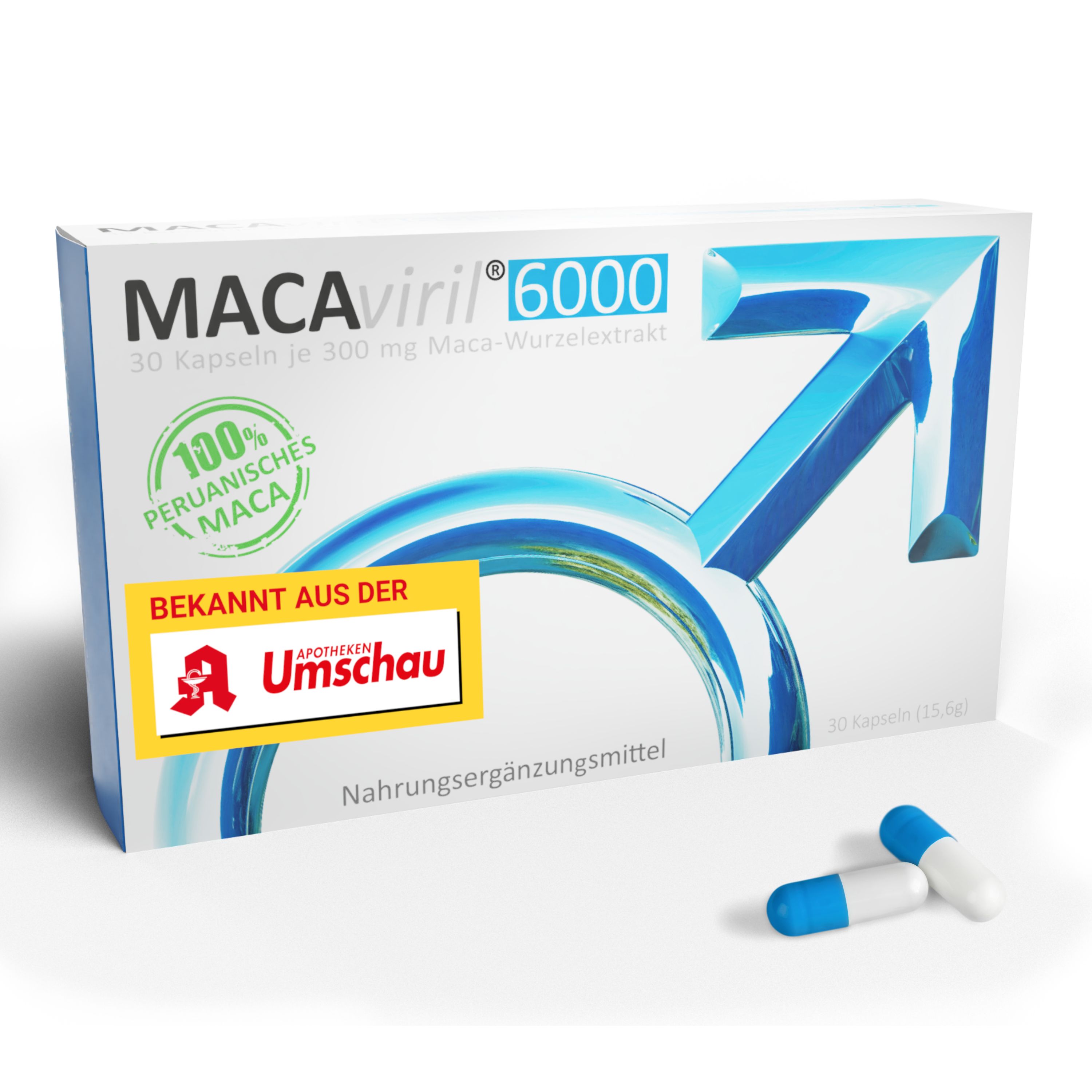 Verpackung MACAviril 6000® Maca Kapseln. Weiße Schachtel, blaue Akzente, Männlichkeits-Symbol. 30 Kapseln.