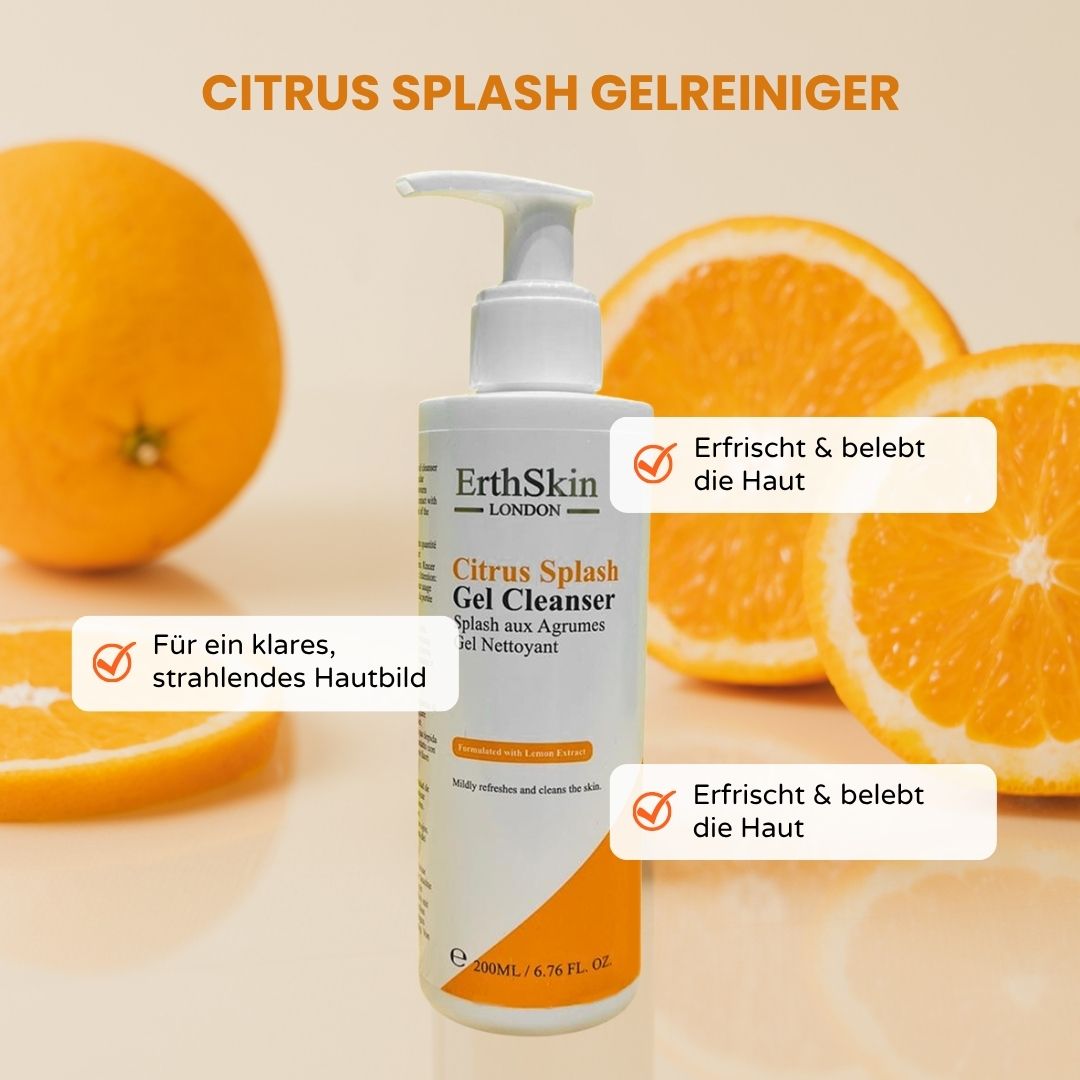 Weißer Spender mit ErthSkin London Citrus Splash Gel-Reiniger. Orangen und Text: Citrus Splash Gelreiniger, Erfrischt & belebt die Haut, Für ein klares, strahlendes Hautbild.