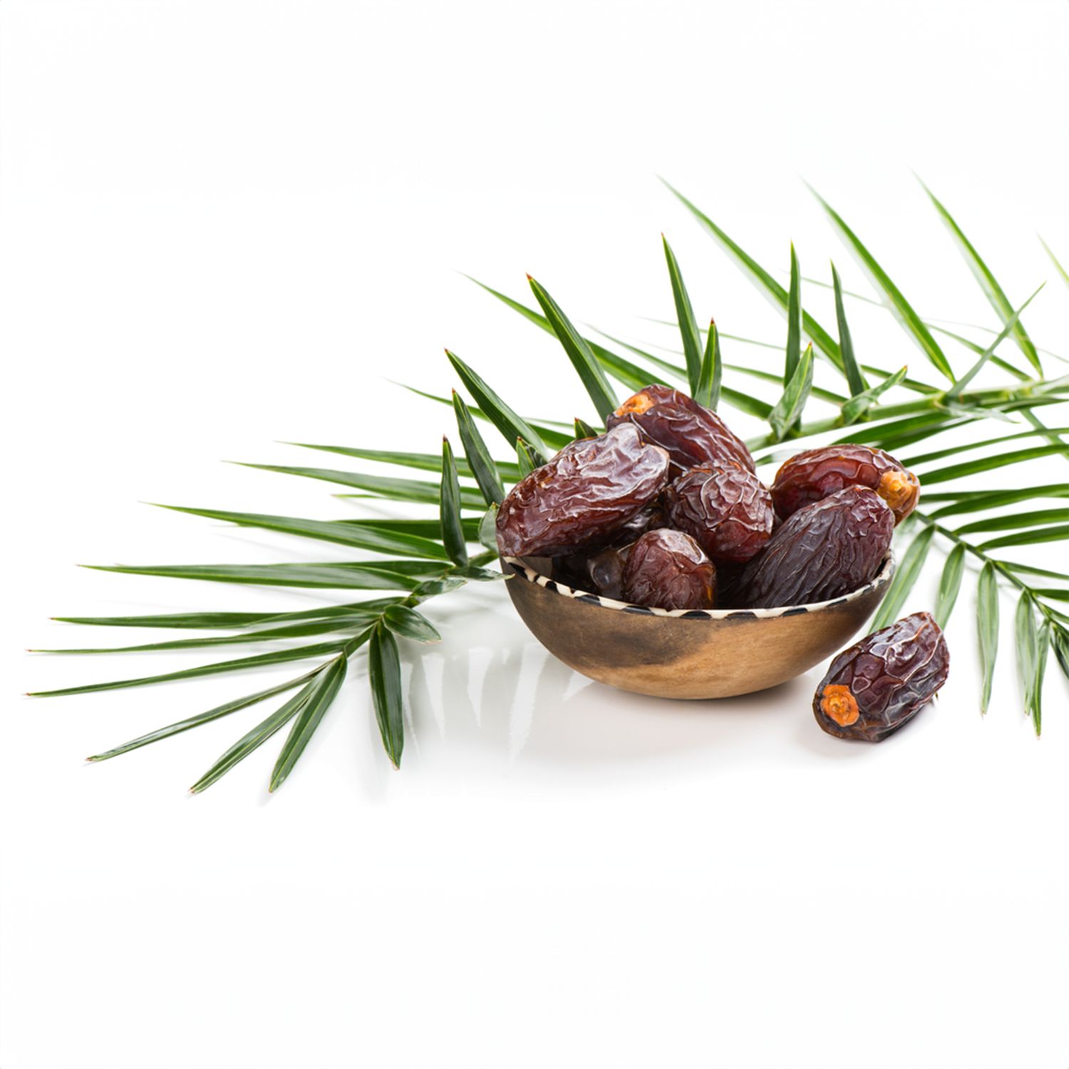 Kleine Schale mit Medjool-Datteln und Palmblattzweigen auf weißem Hintergrund.