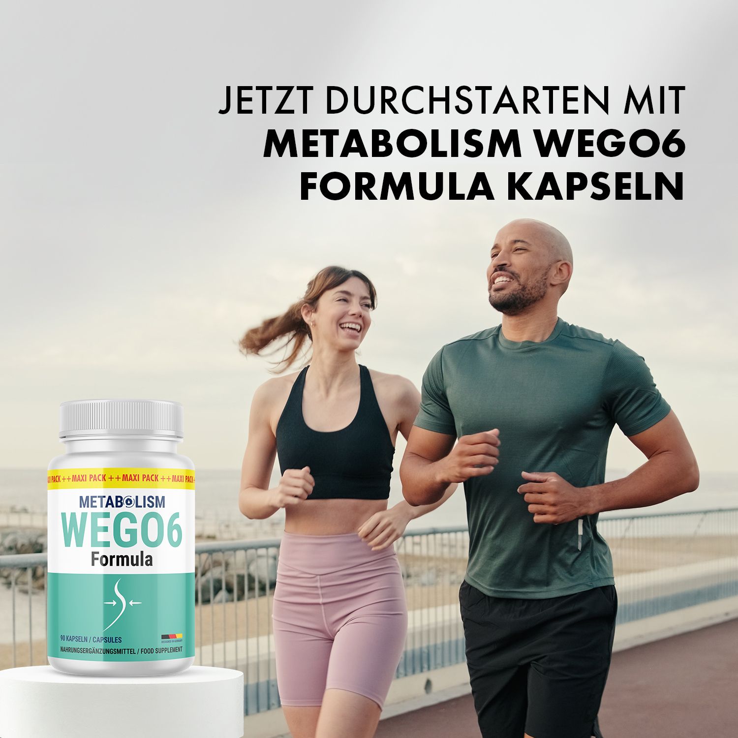 Ein Mann und eine Frau joggen. Pillenbehälter mit Aufschrift: METABOLISM WEGO6 Formula im Vordergrund.