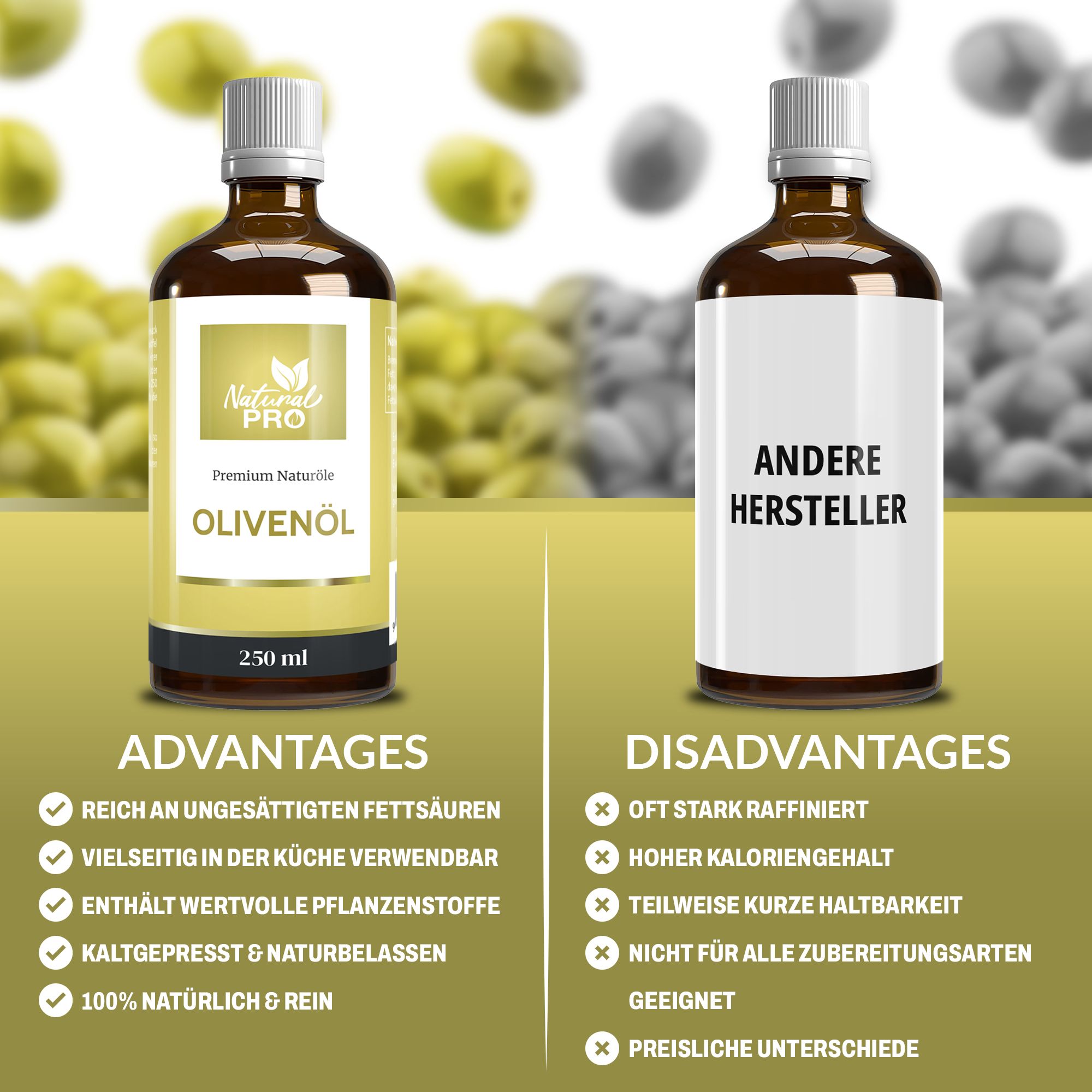 Zwei Flaschen Olivenöl im Vergleich. Vorteile: reich an ungesättigten Fettsäuren. Nachteile: oft stark raffiniert, hoher Kaloriengehalt.