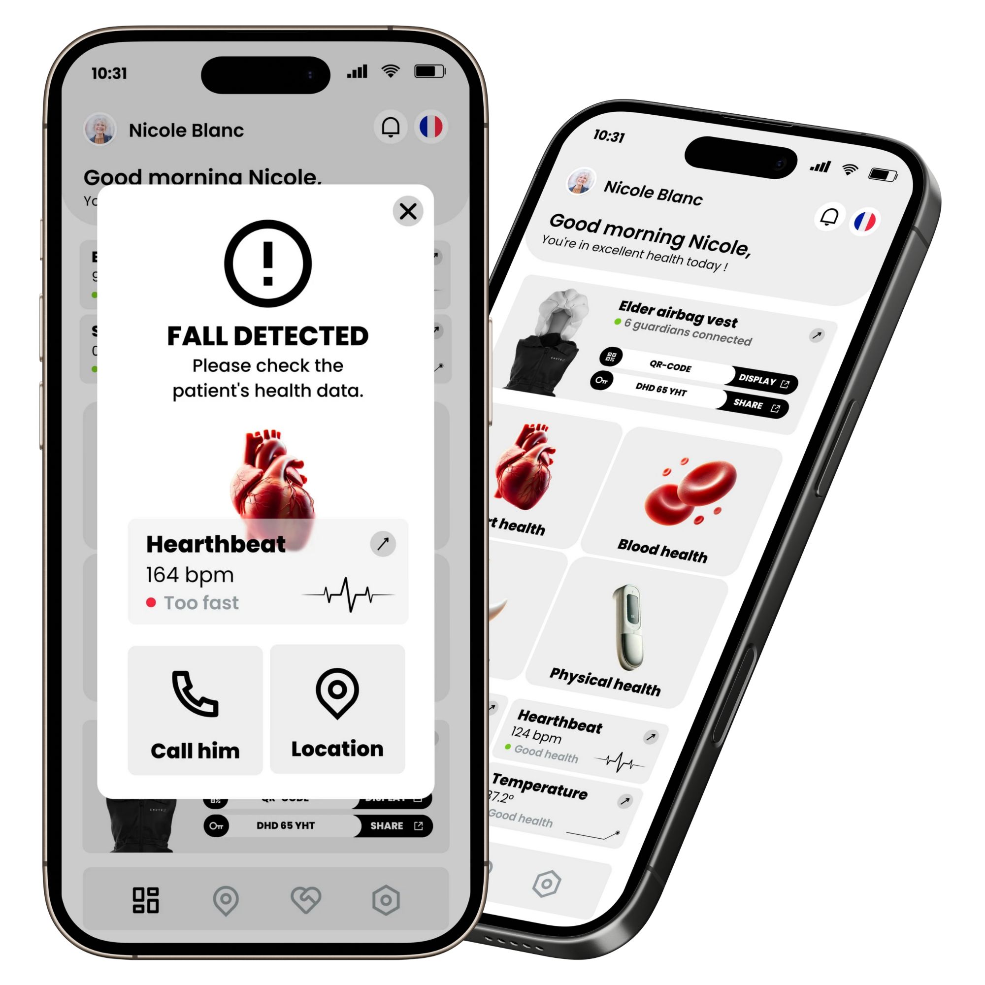 Zwei Smartphones mit Benutzeroberflächen. Meldung: "FALL DETECTED". Herzfrequenz: 164 bpm. Optionen: Anrufen, Standort. Weitere Daten.