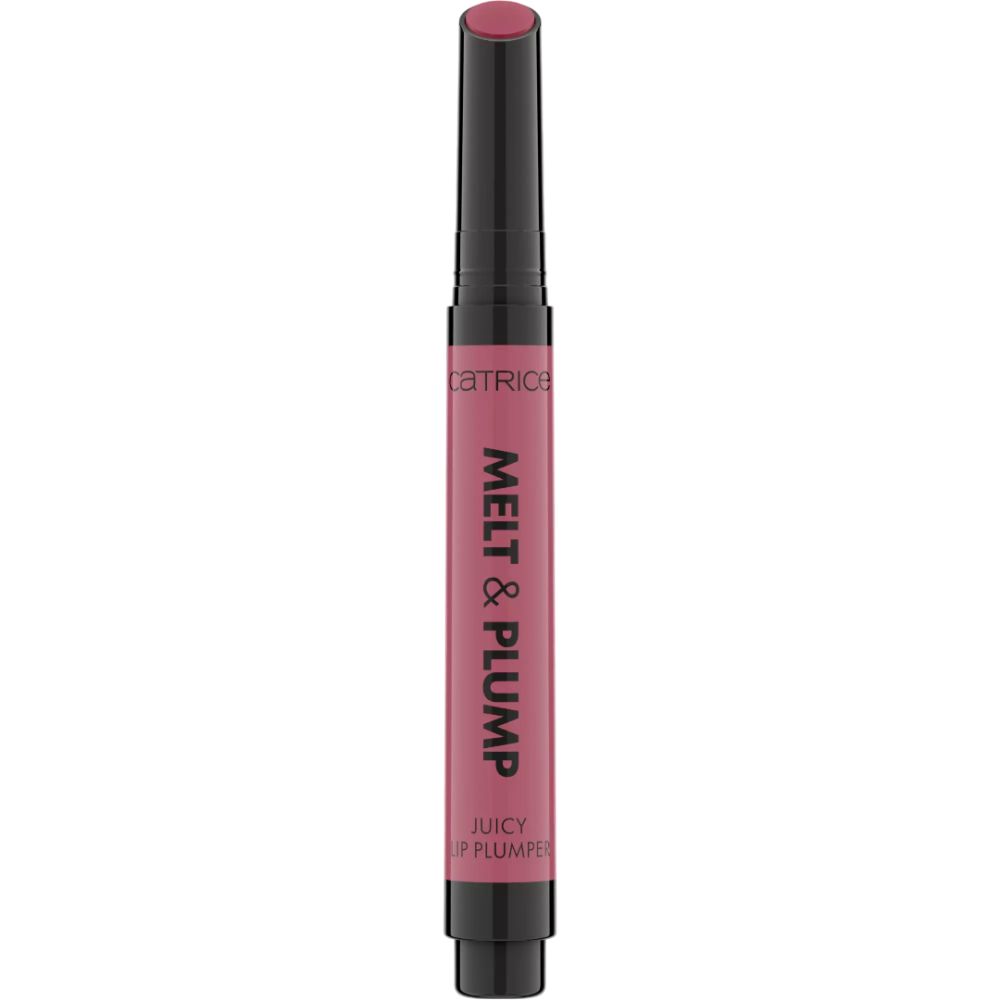 Catrice Melt & Plump Lippenauffüller. Rosa Tube mit schwarzem Deckel. Schriftzug: Melt & Plump, Juicy Lip Plumper.
