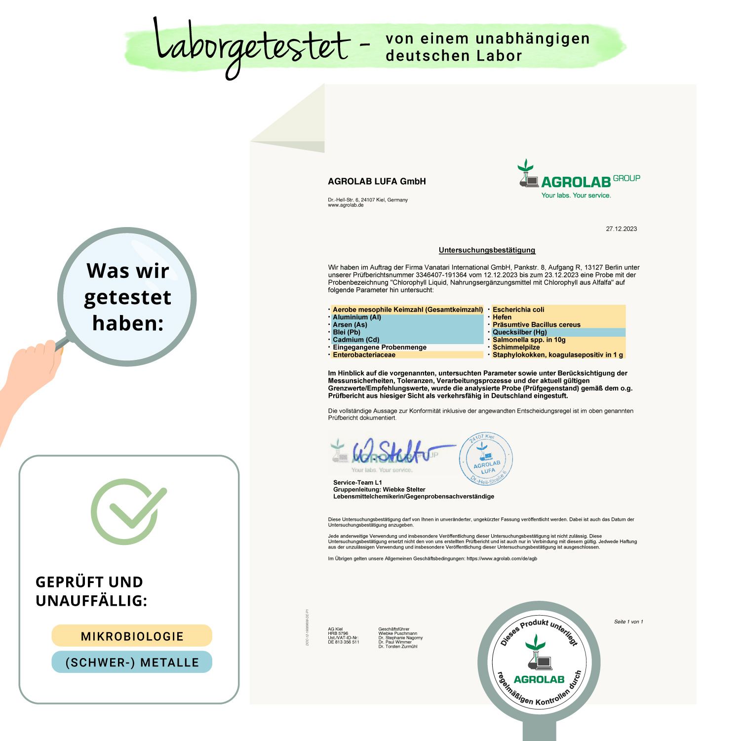 Zertifikat von Agrolab. Text: Laborgetestet von einem unabhängigen deutschen Labor. Geprüft und unauffällig: Mikrobiologie (Schwermetalle).